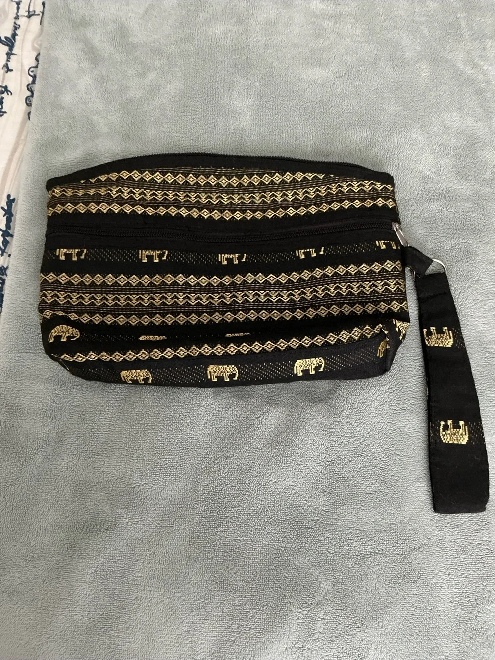 Black & Gold Elephant-Print Wristlet Pouch